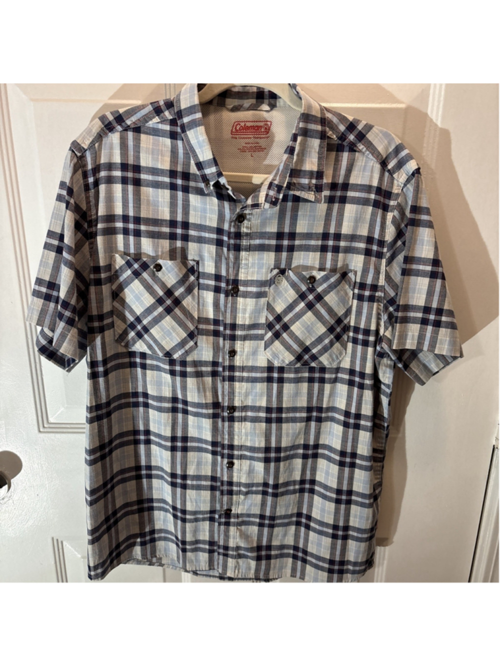 Coleman Mens Blue Plaid Short Sleeve Button Up Shirt Size L Outdoor Vented Back